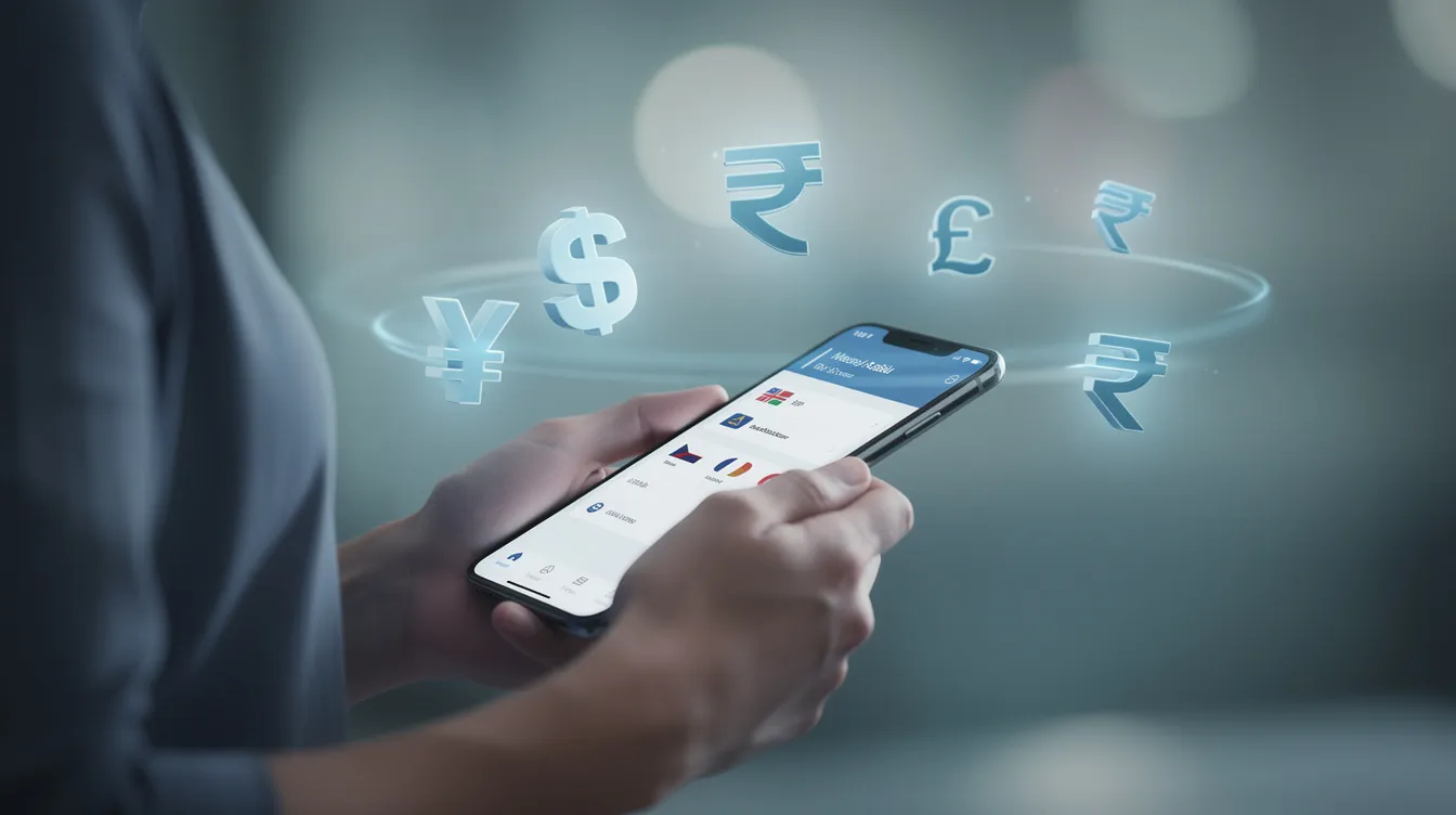 A person is using a smartphone with various currency symbols floating around the screen, symbolizing international payments and money transfers. This image highlights the concept of online payment processing services and the diverse payment methods available for online businesses.