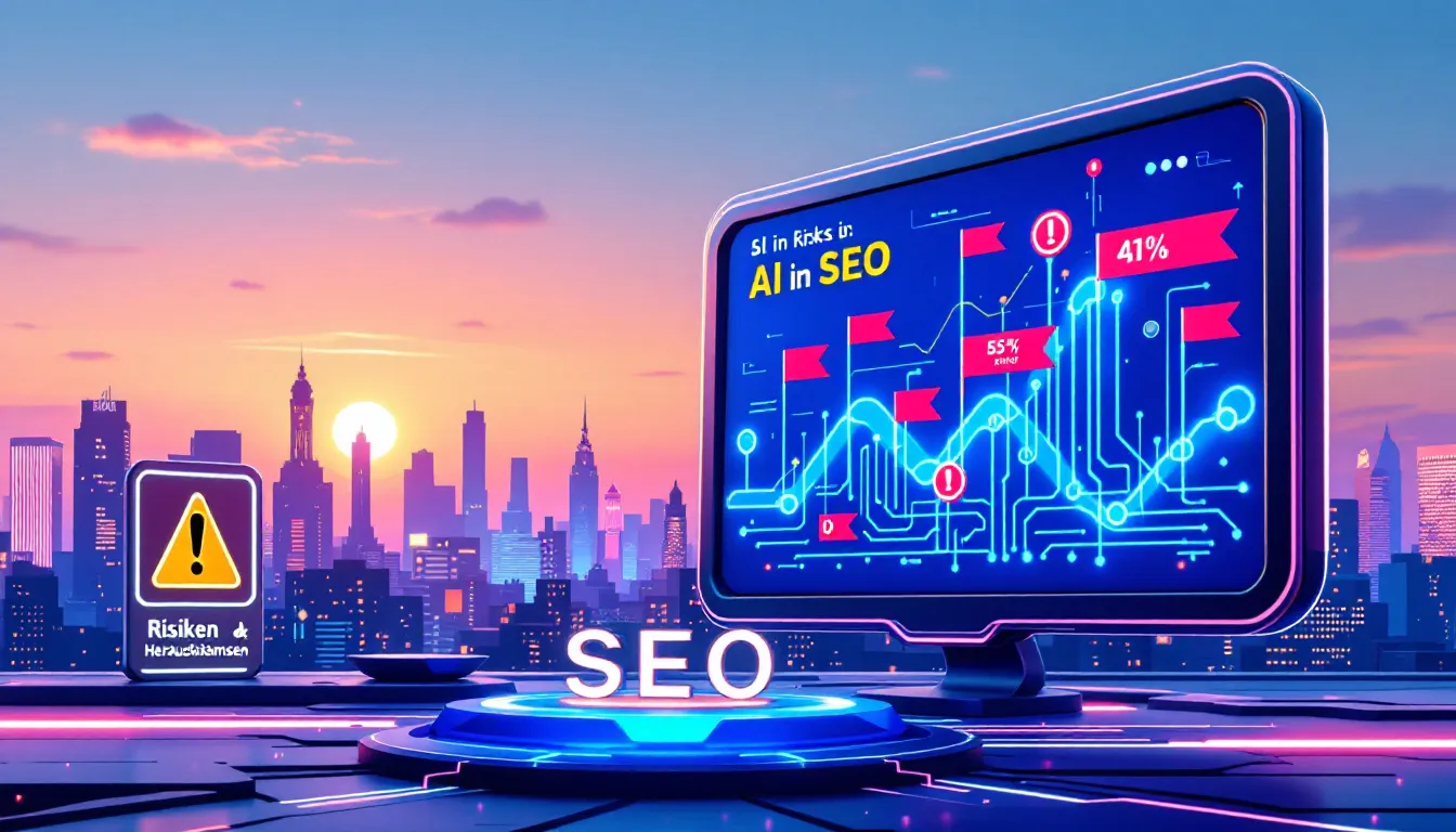 Eine Darstellung der Herausforderungen und Risiken beim Einsatz von KI in der SEO, mit Symbolen für Risiken.