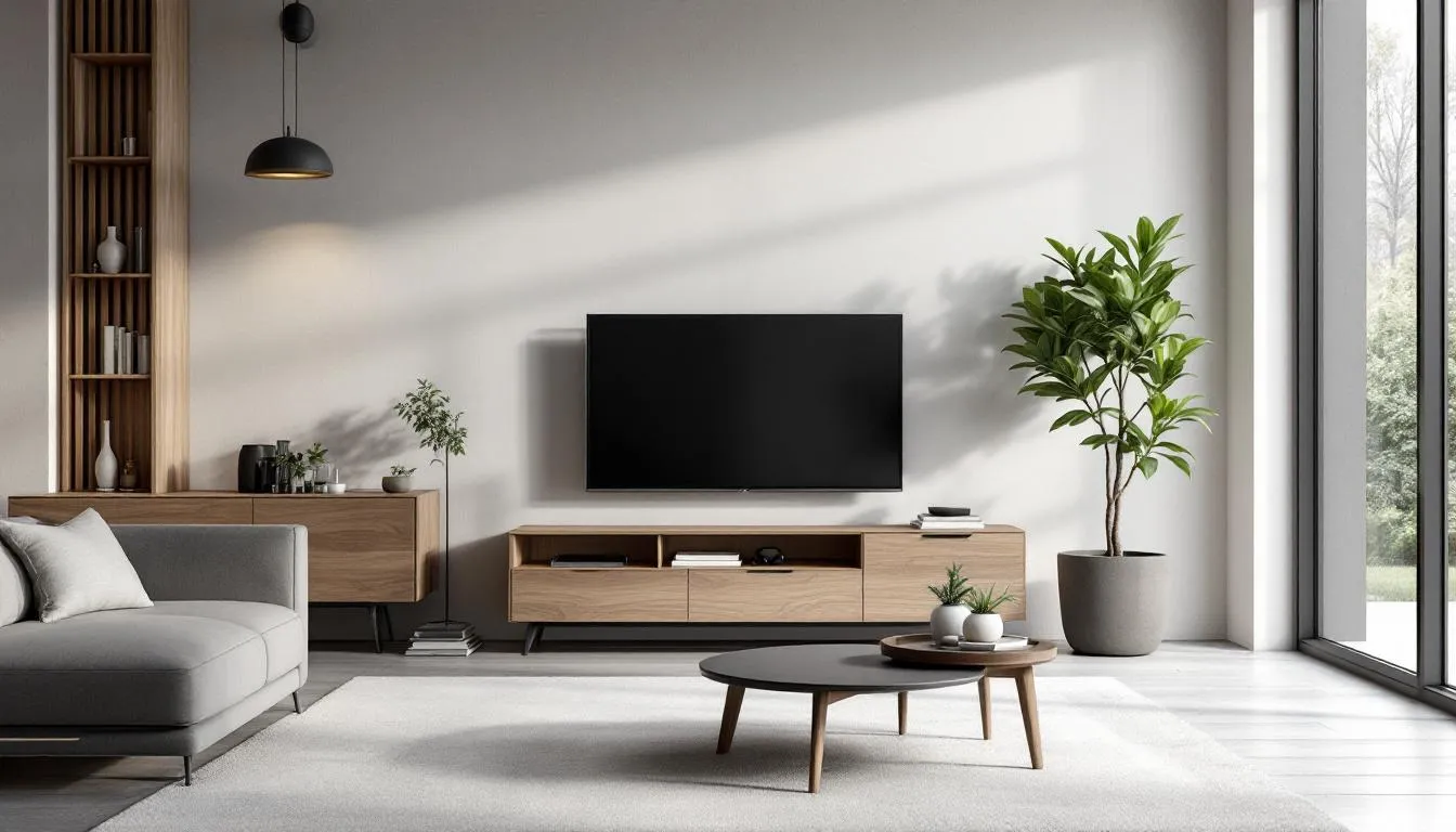 A beautiful acacia TV unit showcases the natural wood grain and rustic charm in a modern living room setting, filled with natural light. This handcrafted piece features shelves for media devices and accessories, enhancing the functionality and style of the living space.