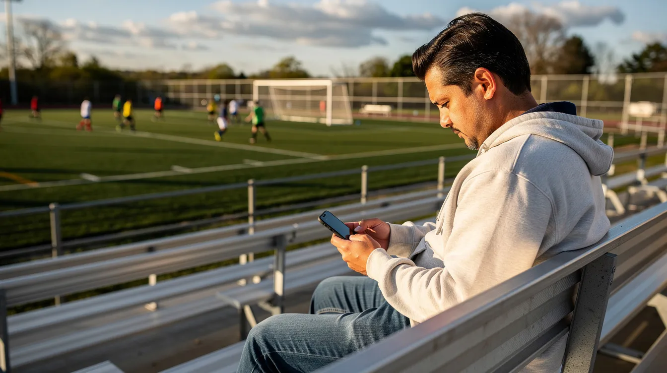 A parent is sitting in the bleachers at an outdoor sports field, focused on their smartphone, possibly checking team schedules or upcoming games. The scene captures the community atmosphere of the sports organization, where fans gather to support their club.