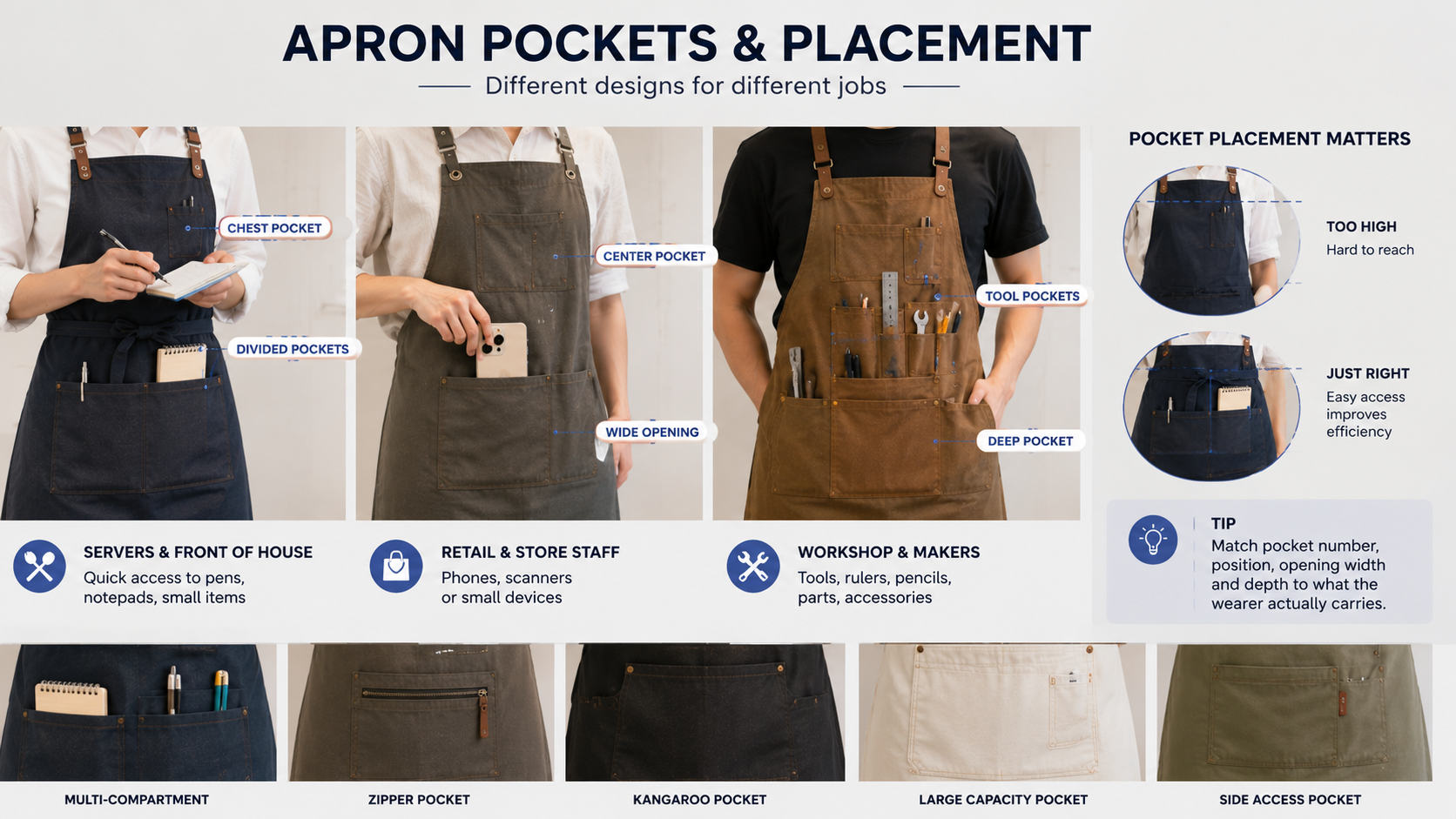 Different apron pocket designs and placements for servers, retail staff, workshop workers, and other daily tasks.