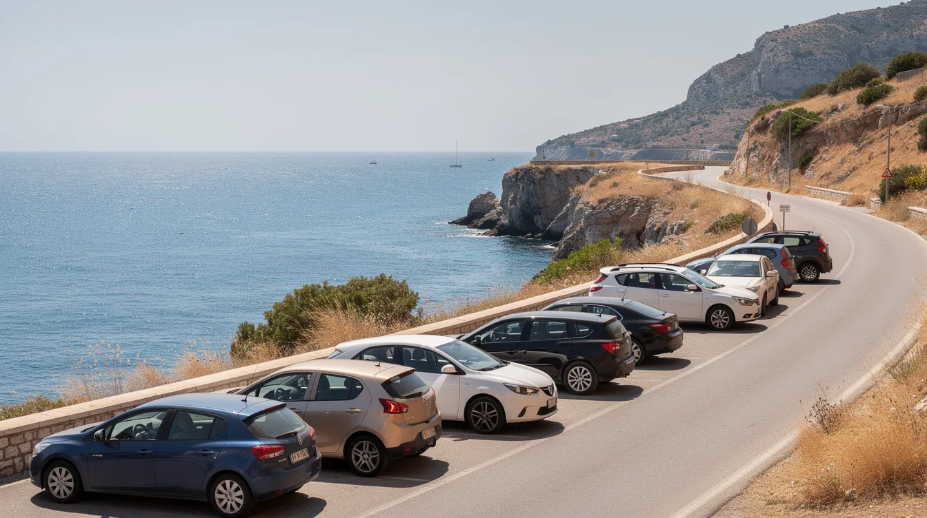 Des voitures de différents modèles sont garées le long d'une route côtière méditerranéenne, avec la mer scintillante en arrière-plan. Cette scène évoque une ambiance de vacances et de déplacements, idéale pour ceux qui recherchent une location de voitures à Nador pour explorer la région.