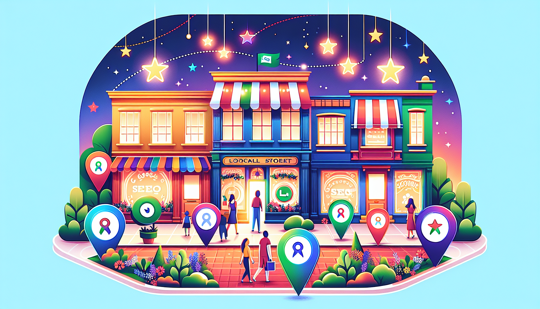 An illustration depicting local SEO strategies for retail stores.