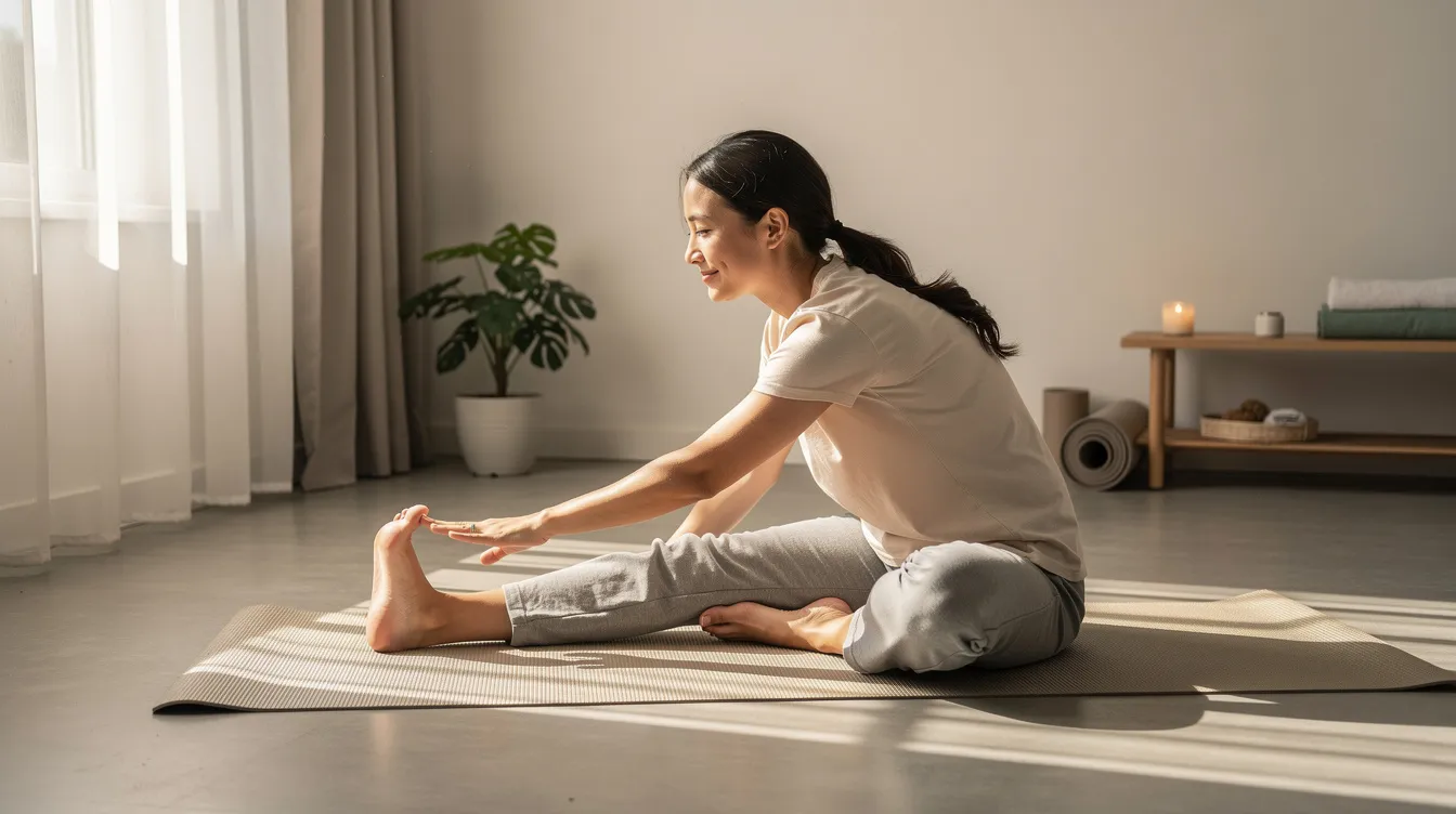 A person is performing gentle leg stretches on a yoga mat in a tranquil room, which can be beneficial for managing restless legs syndrome symptoms and relieving uncomfortable sensations. This calming practice may help improve sleep quality and reduce the urge to move the legs, contributing to better sleep habits.