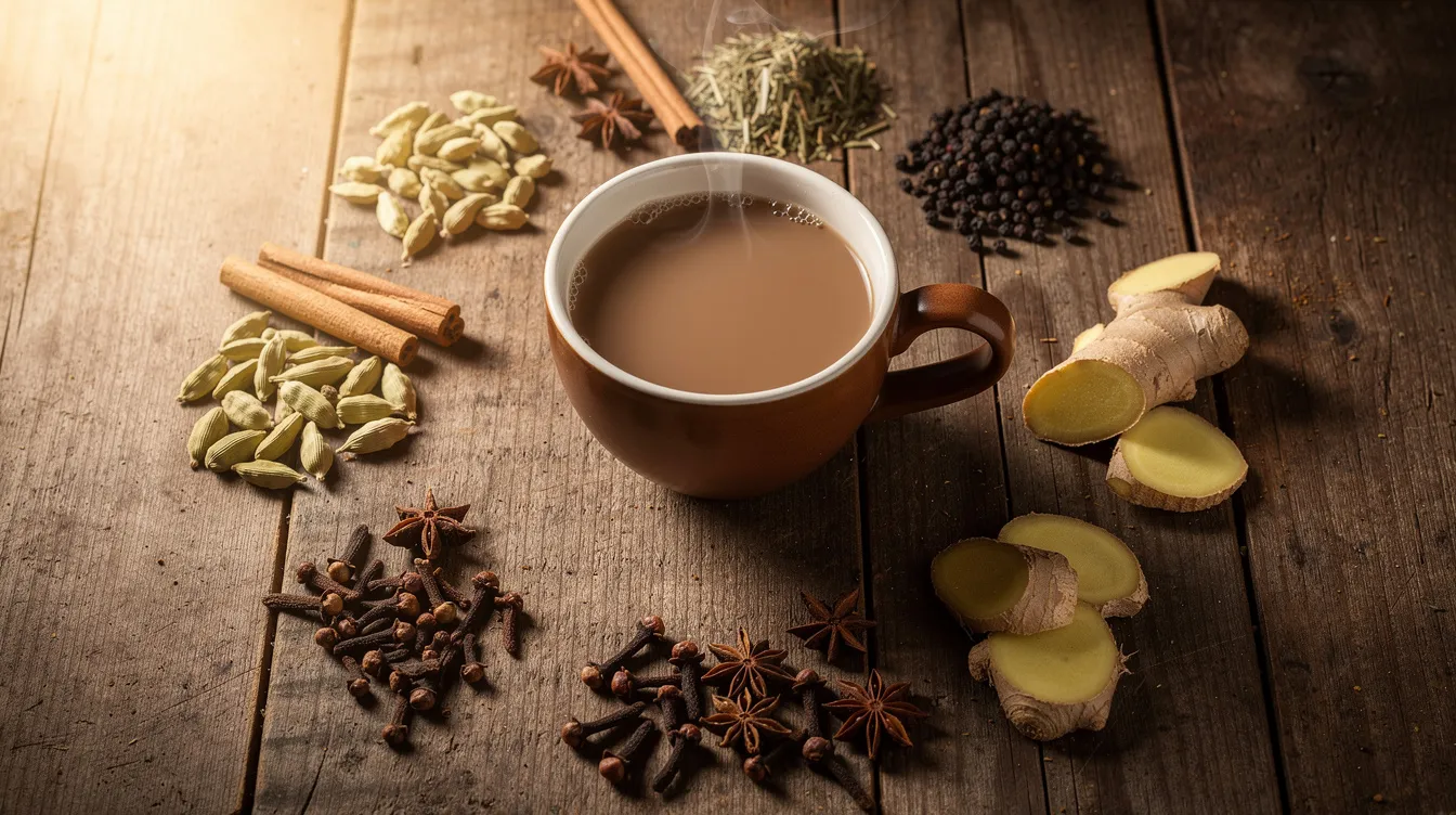Przyprawy do masala chai: kardamon, cynamon, goździki, pieprz, imbir i anyż