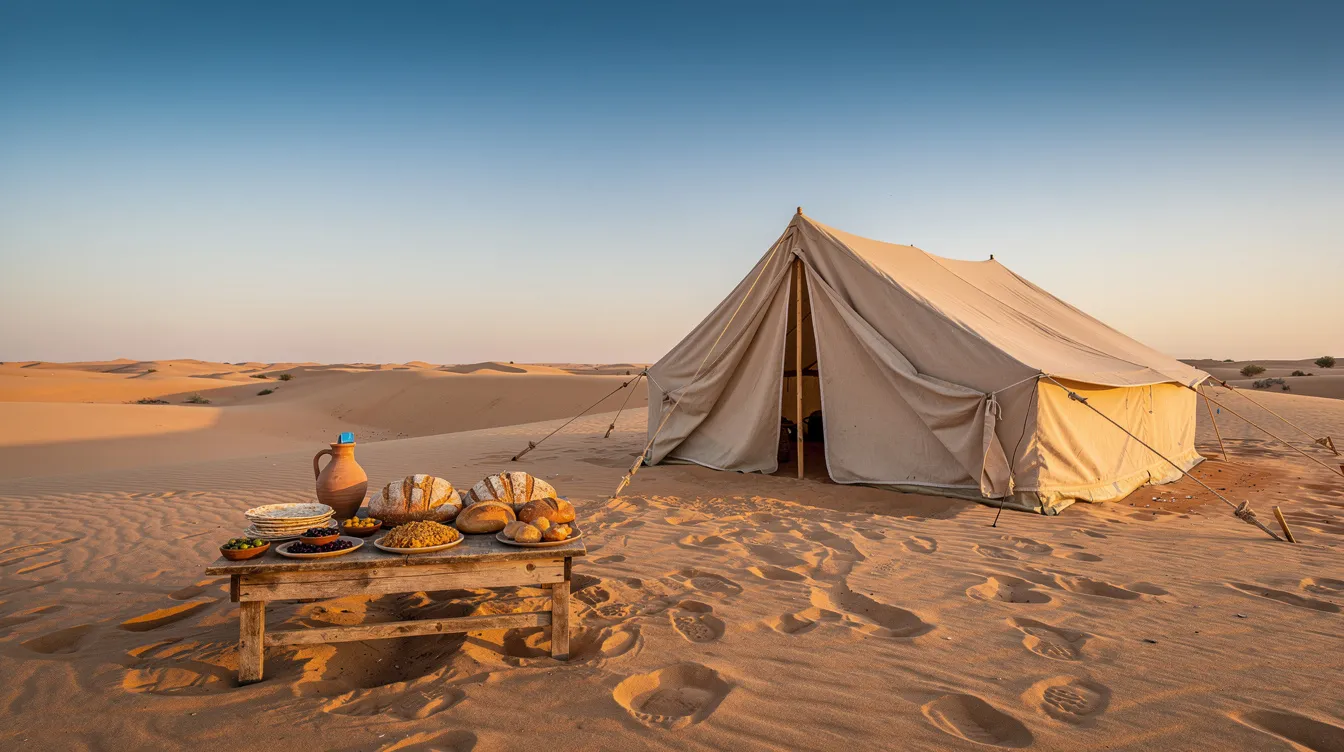 The image depicts a serene desert scene featuring a simple tent and a dinner table adorned with bread and food set under an expansive open sky, symbolizing the act of hospitality and the welcoming spirit of God's love in the ancient world. This setting reflects the biblical practice of generous hospitality, inviting friends and strangers alike to share in a meal, reminiscent of the early church's emphasis on loving one another.