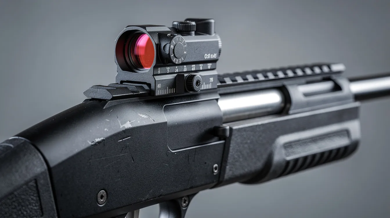 A close-up view of a compact red dot sight mounted on a black tactical shotgun receiver, showcasing its sleek design for airsoft players. This essential airsoft accessory enhances target acquisition and performance, particularly in tight spaces and low light conditions.