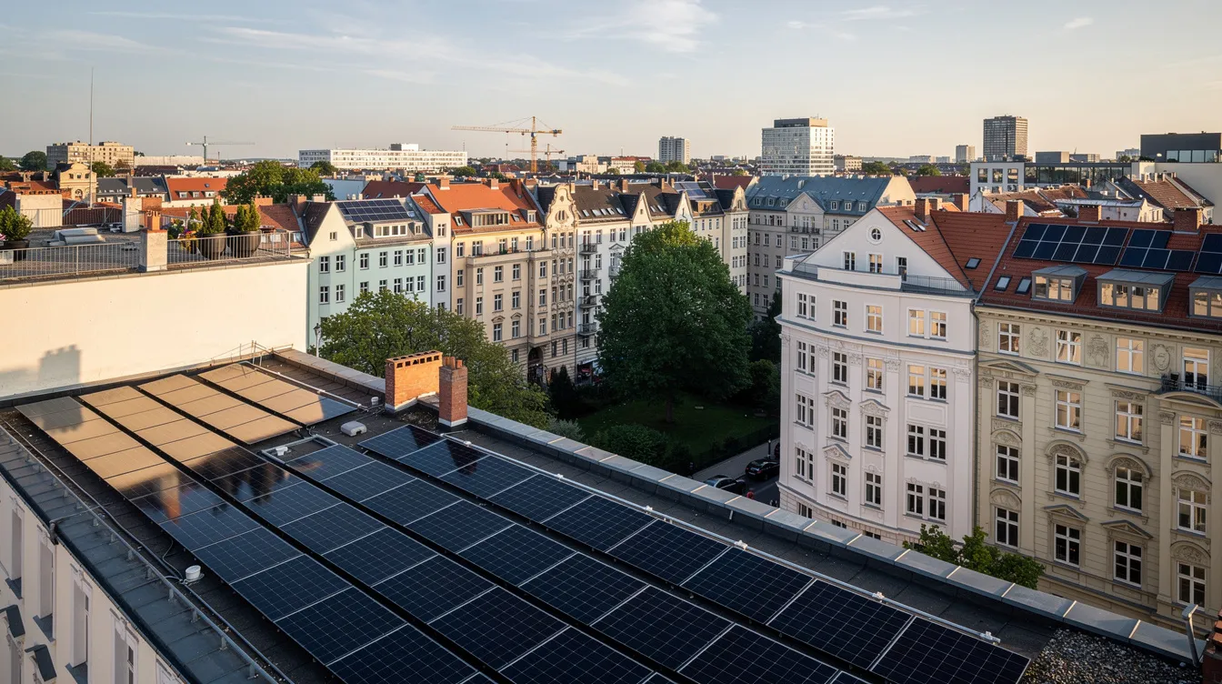 Auf dem Dach eines sanierten Berliner Altbaus sind Solarmodule installiert, die zur Verbesserung der Energieeffizienz beitragen. Im Hintergrund erstreckt sich die Stadtentwicklung mit den Dächern der Nachbarschaft, während die Förderung von energetischen Sanierungen durch Programme der Investitionsbank Berlin (ibb) unterstützt wird.