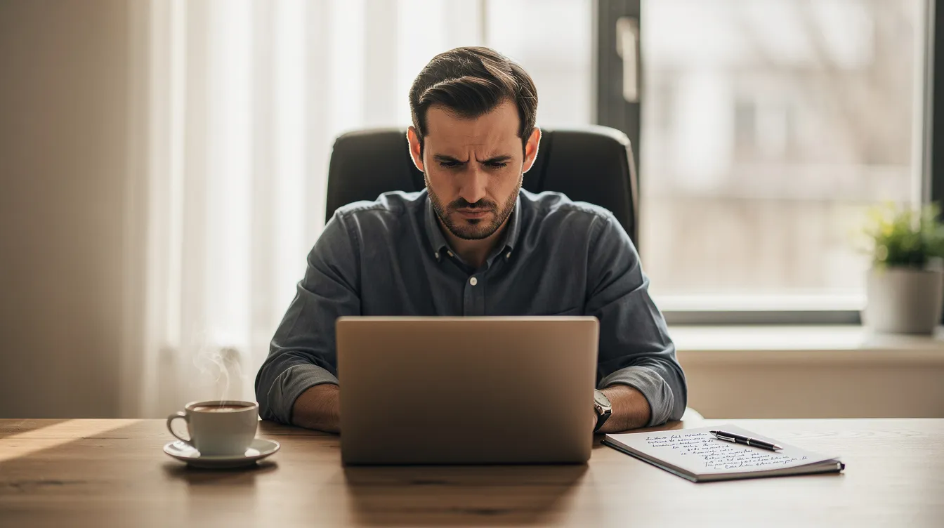 Een ondernemer zit geconcentreerd achter zijn laptop, met een notitieblok en een kop koffie naast zich, terwijl hij werkt aan de structuur van zijn onderneming. Hij richt zich op het optimaliseren van taken en de communicatie binnen zijn team, zodat iedereen weet wat de doelstellingen zijn voor groei en succes.