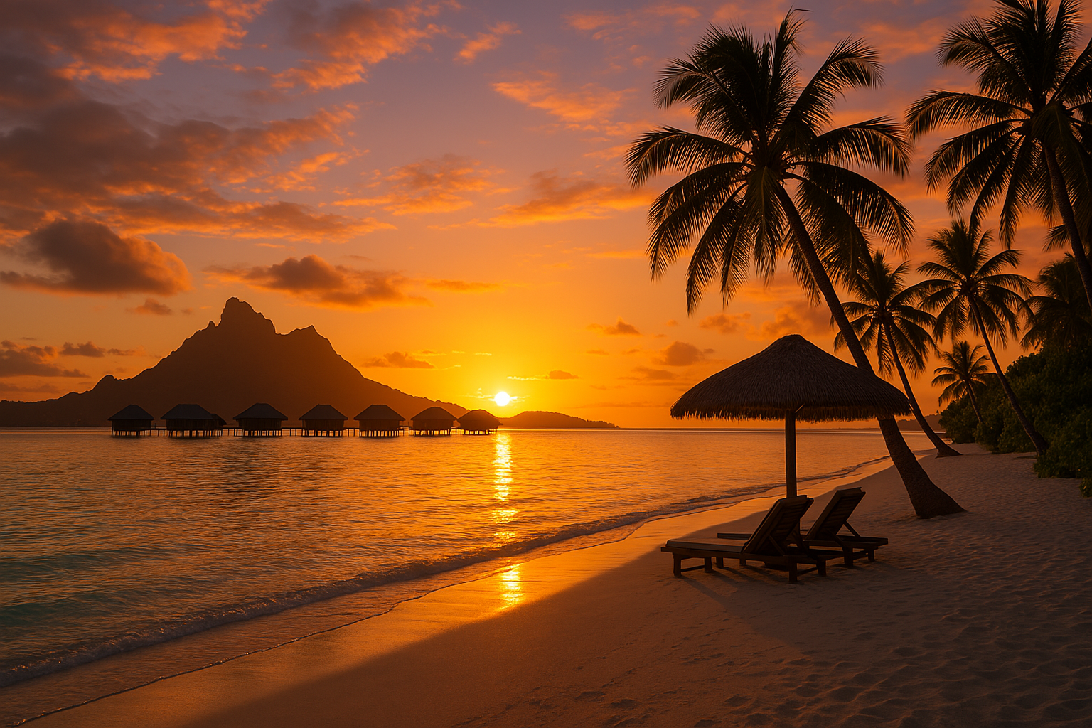 A romantic sunset view over Bora Bora, ideal for beach honeymoons.