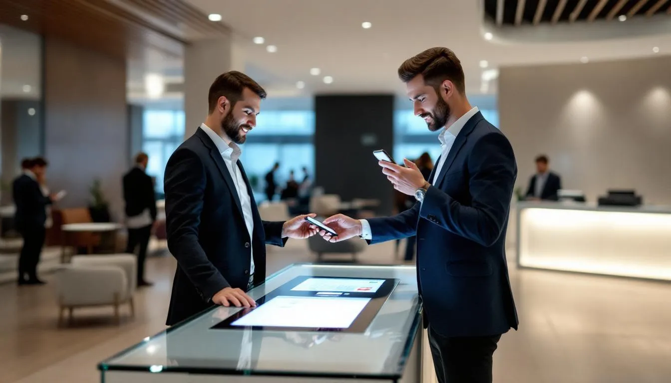 A hotel guest is standing in a modern hotel lobby, using a mobile device to complete a contactless check-in process. This technology enhances the guest experience while minimizing potential issues related to hotel chargebacks and unauthorized transactions.