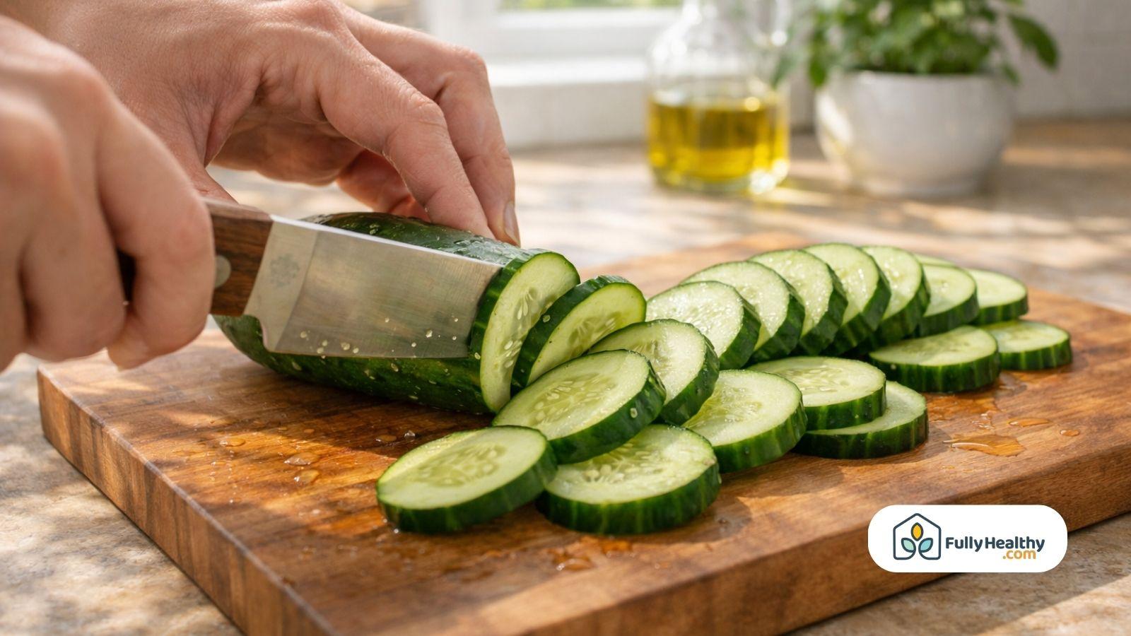Hand slicing fresh cucumber on wooden board in bright kitchen