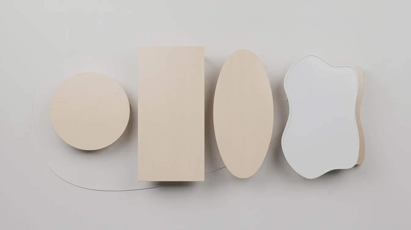 Een bovenaanzicht toont verschillende tafelvormen naast elkaar, waaronder een ronde eettafel, een rechthoekige tafel, een ovale tafel en een organische eettafel, allemaal op een lichte achtergrond. Deze variëteit aan tafelvormen benadrukt de mogelijkheden voor de ronde, vierkante tafel of ovale variant die perfect past in je eethoek.