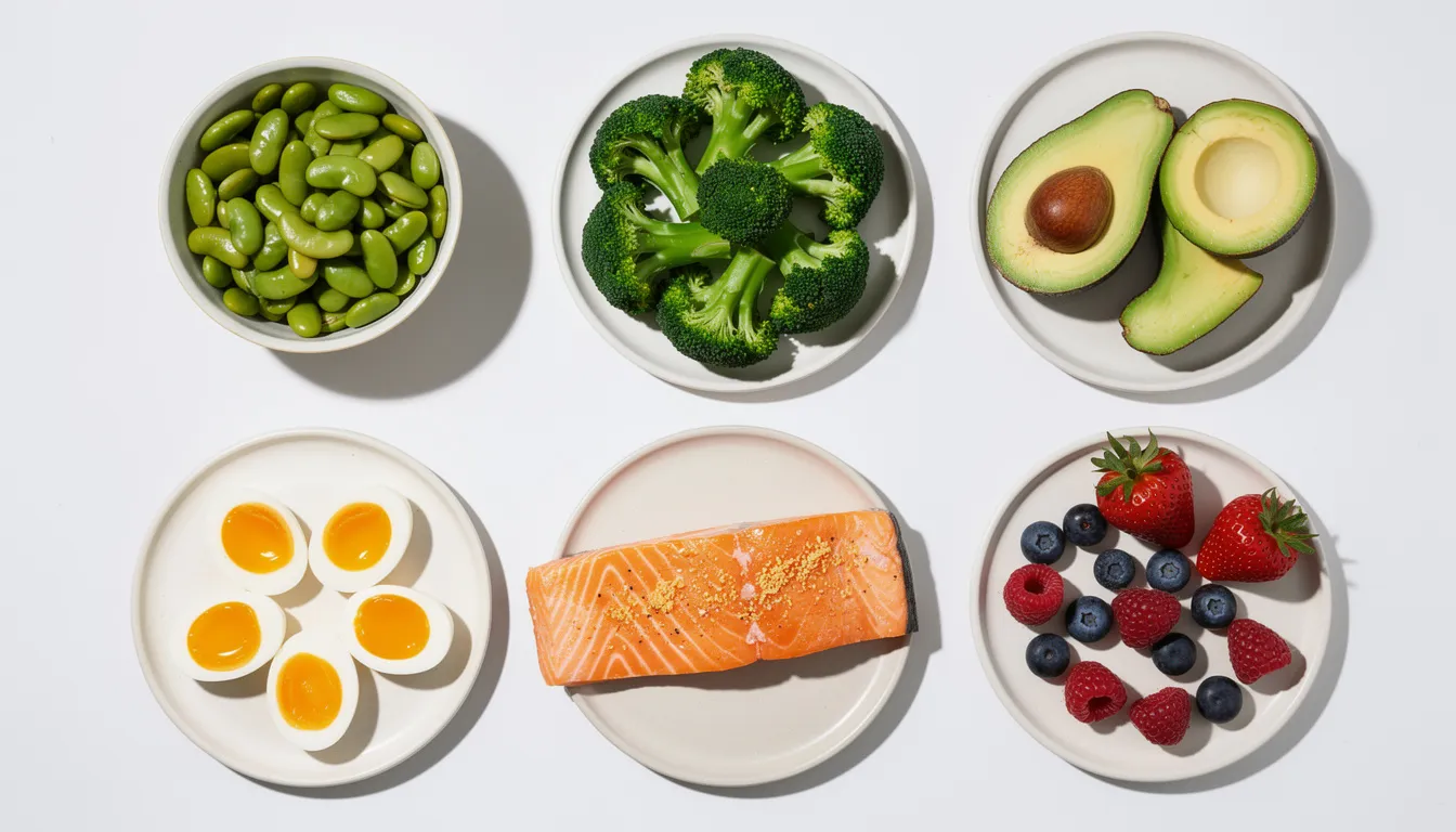 The image features a vibrant grid collage showcasing various NMN-rich foods, including edamame, broccoli, avocado, salmon, eggs, and berries, arranged in an appealing pattern. These natural food sources are known for their health benefits, supporting cellular health and enhancing energy production, making them ideal for promoting healthy aging and improving overall health.