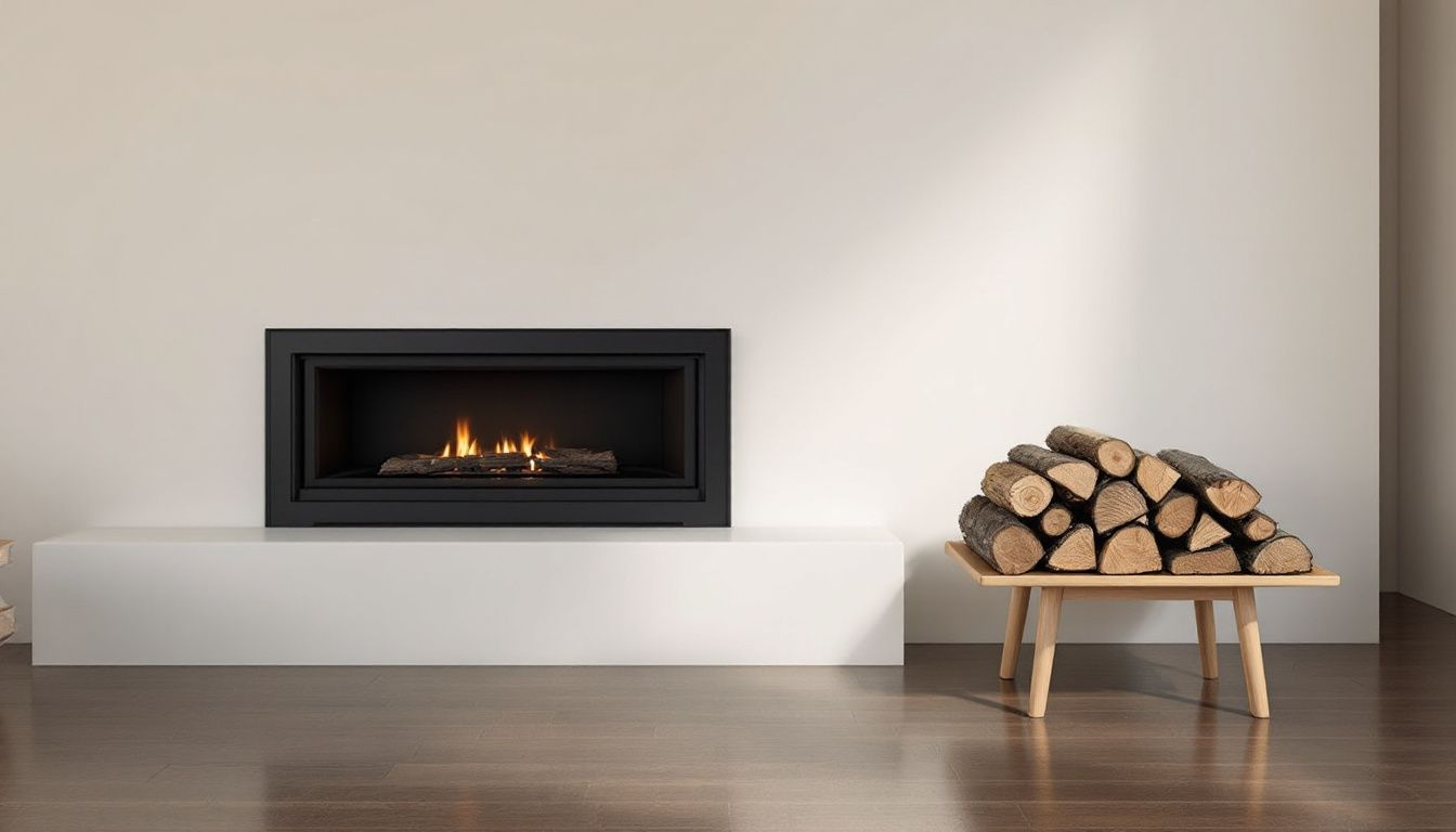 A decorative display of firewood beside a modern fireplace.