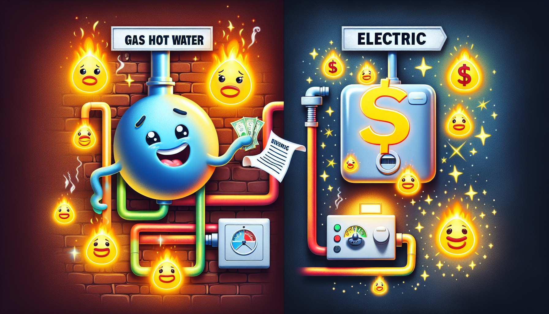 A cartoon illustrating the cost comparison between gas and electric hot water systems.