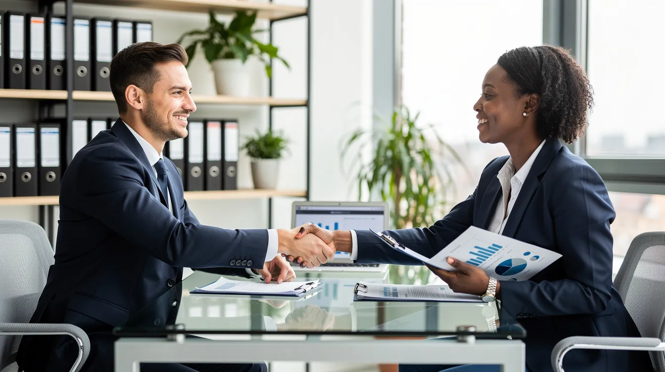 The image depicts a business consultant and a small business owner shaking hands in an office setting, symbolizing a partnership in securing financial assistance, such as a mudra loan, to support the owner's business growth. The scene conveys a professional atmosphere, highlighting the importance of collaboration and the necessary financial documents required for loan applications.