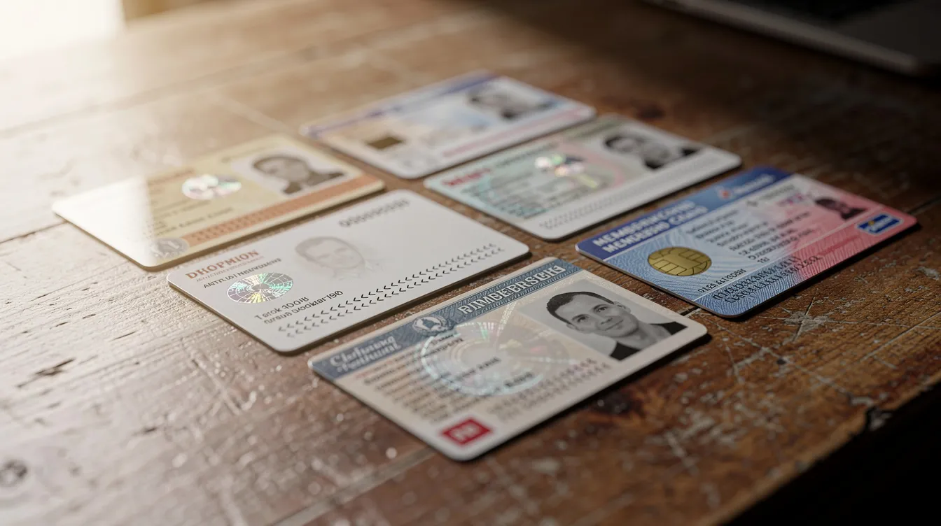 A close-up view of identification documents, including a driver's license and a membership card, is displayed on a wooden desk, highlighting the importance of valid photo ID for airsoft game site registration and compliance with UK law. The documents are neatly arranged, emphasizing the need for proper identification in the airsoft community.