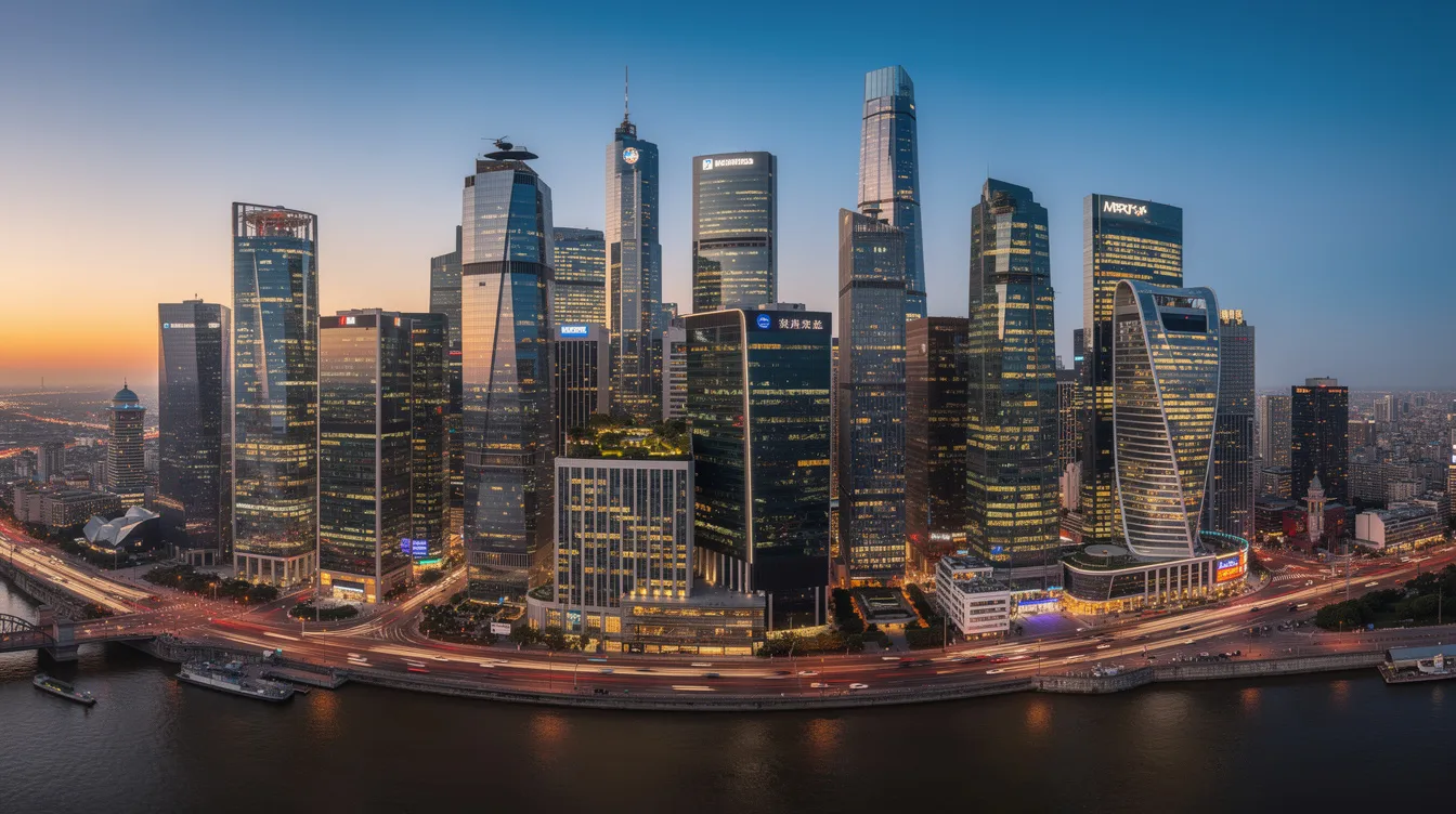 The image depicts a vibrant global financial district skyline featuring sleek modern office buildings, symbolizing the dynamic forex brokerage business and international financial services. The towering structures represent the regulatory framework and corporate presence essential for operating in the foreign exchange market.