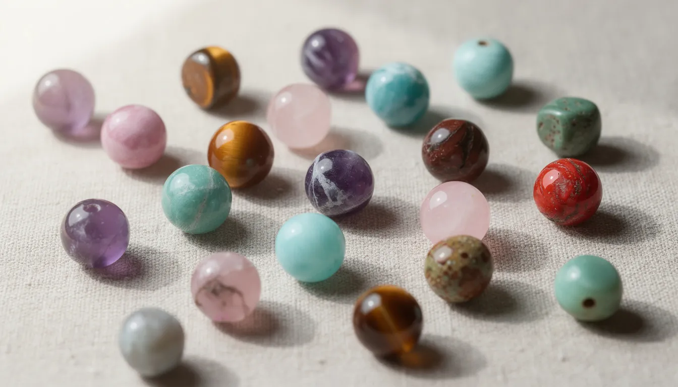 A close-up view showcases a vibrant arrangement of polished semi precious gemstone beads, including rose quartz and lapis lazuli, neatly displayed on a neutral fabric surface, perfect for jewellery making projects. The colorful gems highlight their natural beauty and unique shapes, making them an attractive choice for decorative objects and accessories.