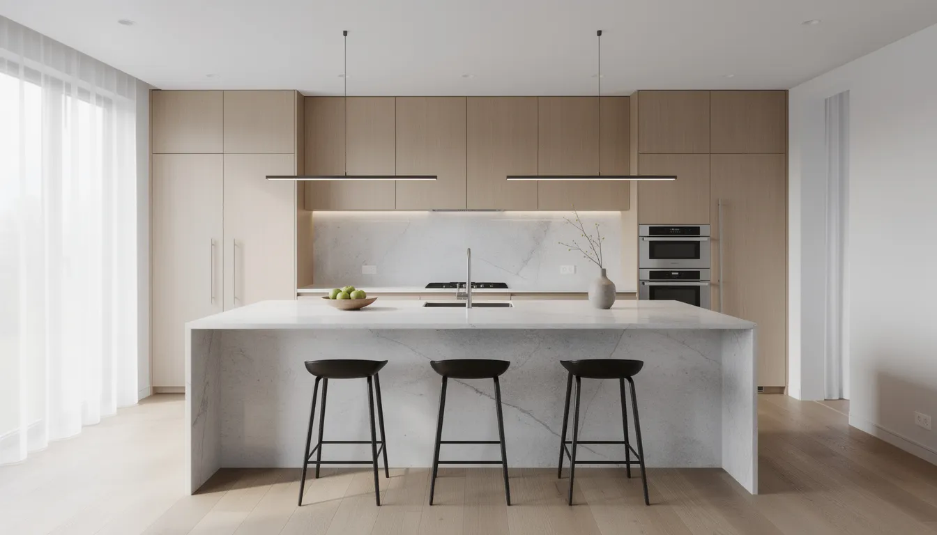 The image showcases a modern kitchen featuring a large island with a stunning waterfall edge, where the countertop material seamlessly flows down to the floor. The sleek design highlights the beauty of the stone, creating a dramatic and functional centerpiece in the contemporary kitchen space.