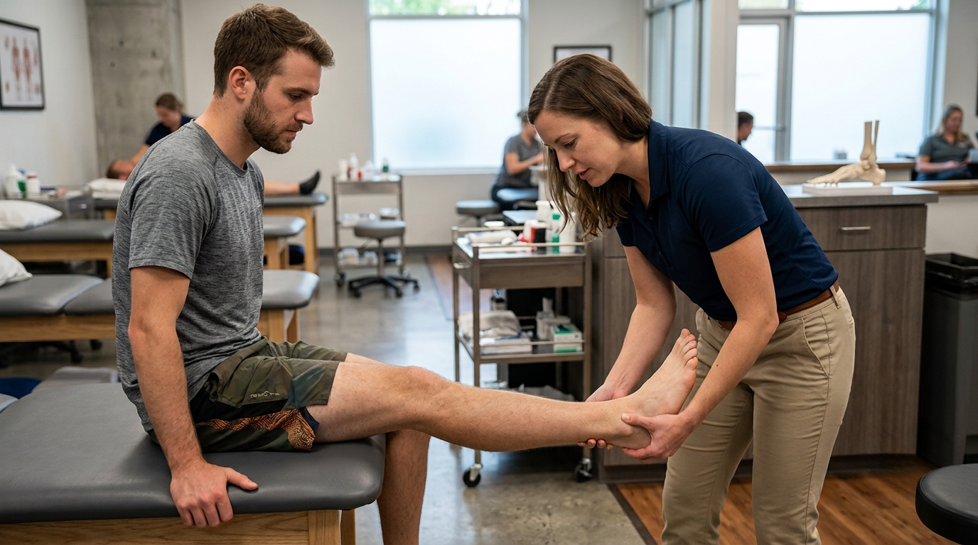 Physical therapist examining a patient's foot and ankle during a clinical exam