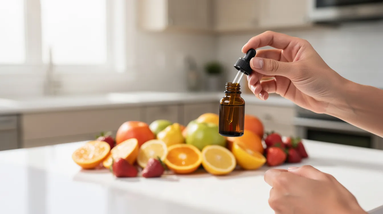 A person is holding a small dropper bottle of CBD oil in a bright kitchen, surrounded by fresh fruits on the counter, suggesting a focus on digestive health and natural remedies for issues like constipation and gastrointestinal discomfort. The setting emphasizes a healthy lifestyle, potentially incorporating the benefits of CBD for gut health and digestive system support.