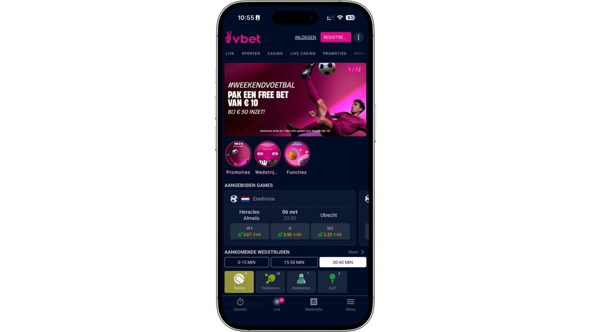 Scherm van de Vbet casino app op smartphone met live weddenschappen, sportweddenschappen en online casino spellen, voorbeeld van een mobiele casino app voor iOS en Android binnen de online kansspelen markt.