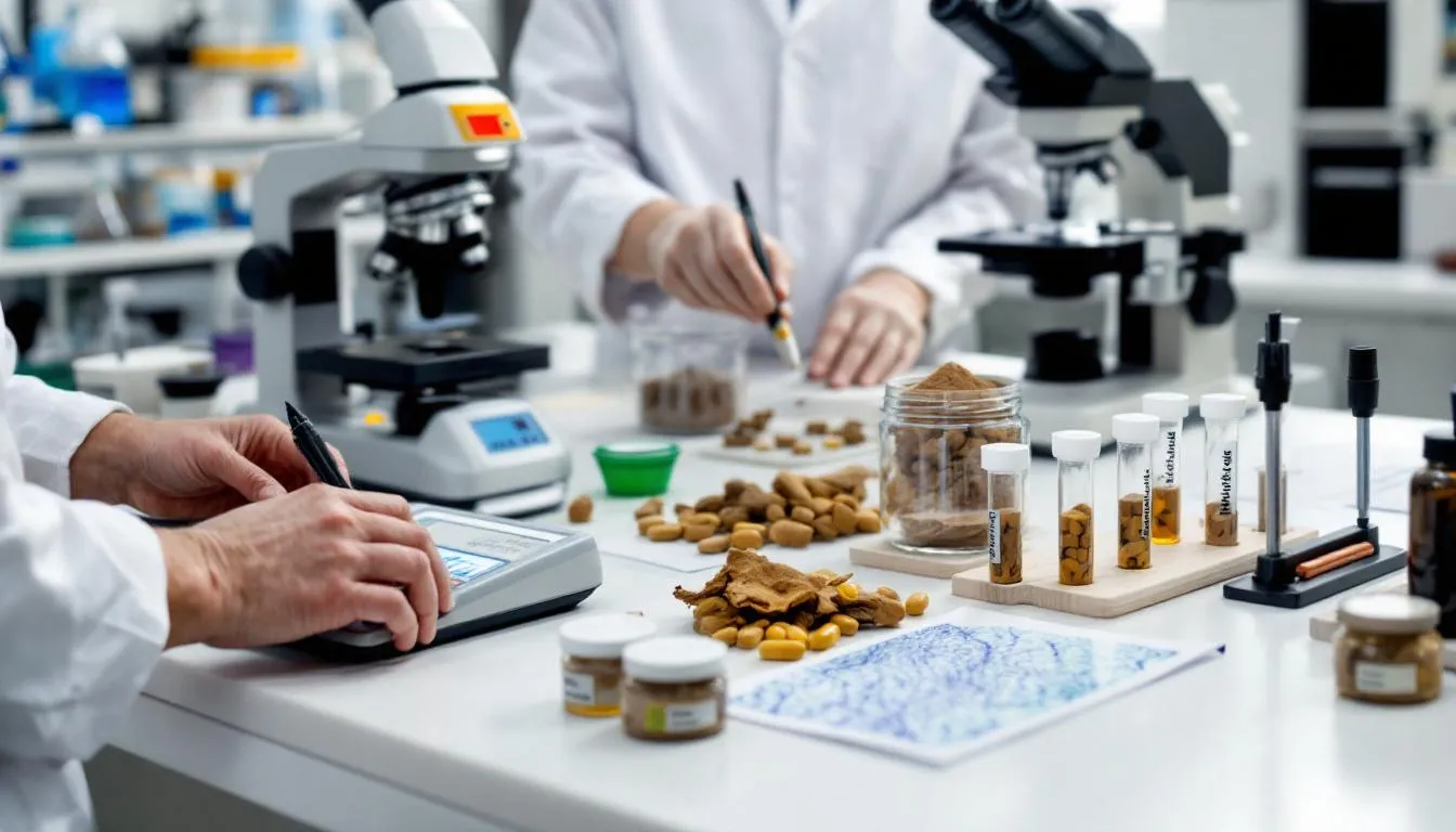 Bilden visar en kvalitetskontroll och laboratorieanalys av Tongkat Ali -produkter, där olika kapslar och extrakt av Eurycoma longifolia -anläggningen undersöks för deras beståndsdelar och effekter. Laboratoriemiljön är väl upplyst och visar typisk analytisk utrustning såväl som prover av rötter och kapslar som härstammar från Sydostasien.