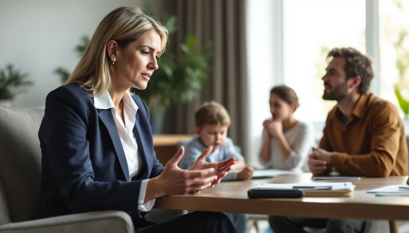A legal consultation scene, depicting a birth injury attorney discussing options with a family.