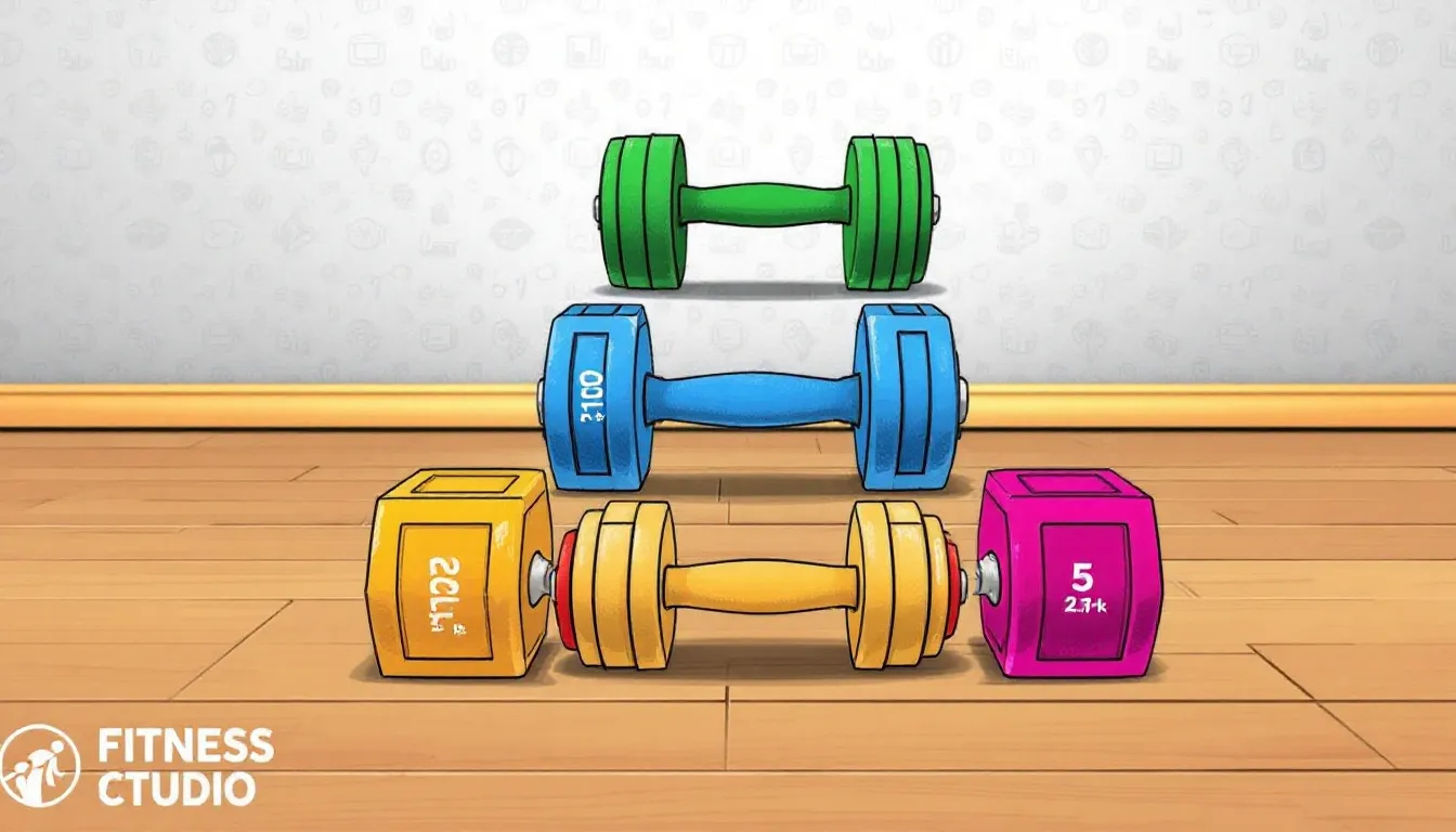 Dumbbells set up for lying triceps extensions, showcasing different weight options.