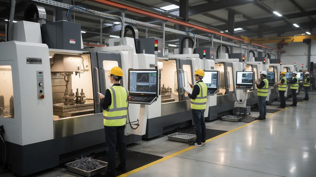 The image depicts a factory floor featuring several large CNC machining centers arranged in rows, with operators attentively monitoring screens, showcasing the precision machining capabilities of advanced CNC technology in a high-performance manufacturing environment. The scene highlights the integration of automation systems and the use of various CNC machines, including vertical and horizontal machining centers, essential for producing complex parts with tight tolerances.