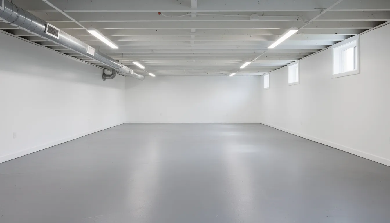 The image depicts a clean, empty basement with a smooth concrete floor and ample lighting, showcasing a tidy space free of clutter and unwanted items. This serene environment highlights the effectiveness of professional basement cleanout services, ideal for homeowners looking to reclaim their property.