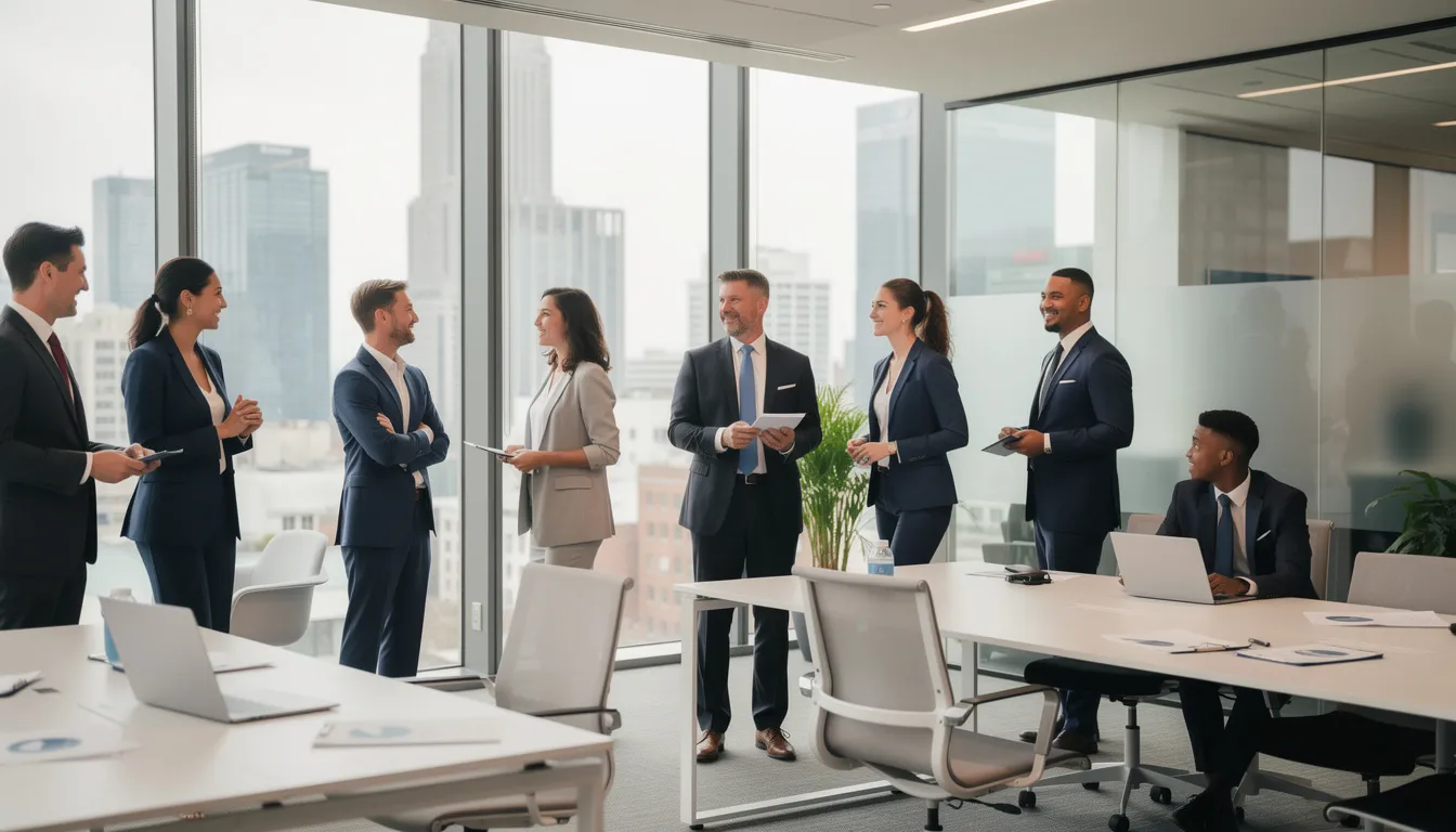 Un groupe de jeunes professionnels, tous diplômés et en tenue formelle, discute dans un bureau moderne et international, échangeant sur leurs parcours et leurs ambitions, notamment sur l'opportunité d'étudier à l'étranger après le bac. L'environnement dynamique reflète la diversité des destinations possibles pour leurs études et leur expérience professionnelle.
