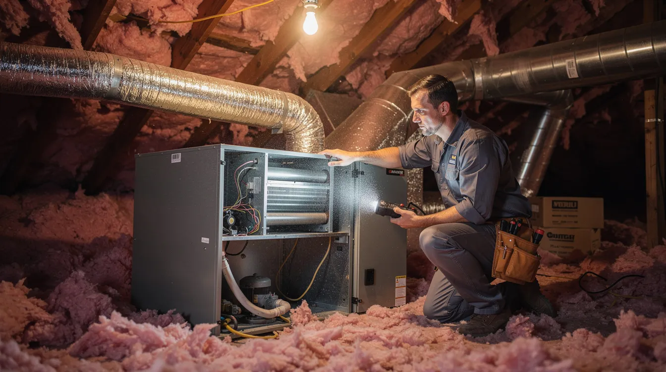 An HVAC technician is inspecting an indoor air handler in a home attic, focusing on the evaporator coil to ensure proper airflow and efficiency of the air conditioning system. The technician checks for any signs of issues such as a dirty evaporator coil or refrigerant leaks that could affect the entire HVAC system's performance.