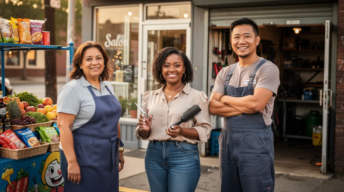 The image features a diverse group of small business owners, including a street vendor, a salon owner, and a small factory operator, standing together with a sense of camaraderie. This representation highlights the importance of financial assistance through schemes like the Pradhan Mantri Mudra Yojana, which supports micro enterprises and promotes entrepreneurship among eligible borrowers.