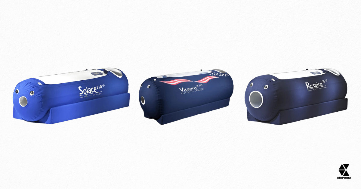 An image containing the Oxyhealth Solace 210® Hyperbaric Chamber, Oxyhealth Vitaeris 320® Hyperbaric Chamber, and the Oxyhealth Respiro 270® Hyperbaric Chamber.