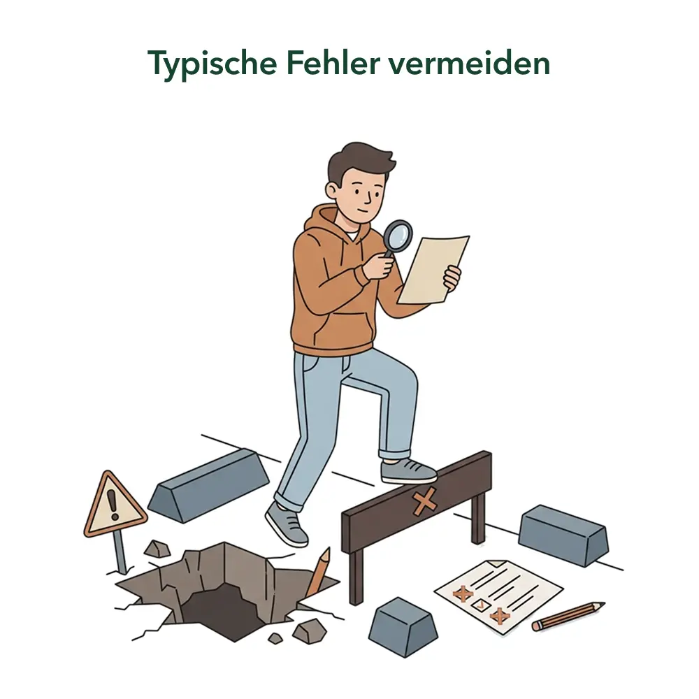 Illustration zu typischen Fehlern beim Ausblick der Masterarbeit: Student prüft ein Dokument und weicht Hindernissen und Stolperfallen aus