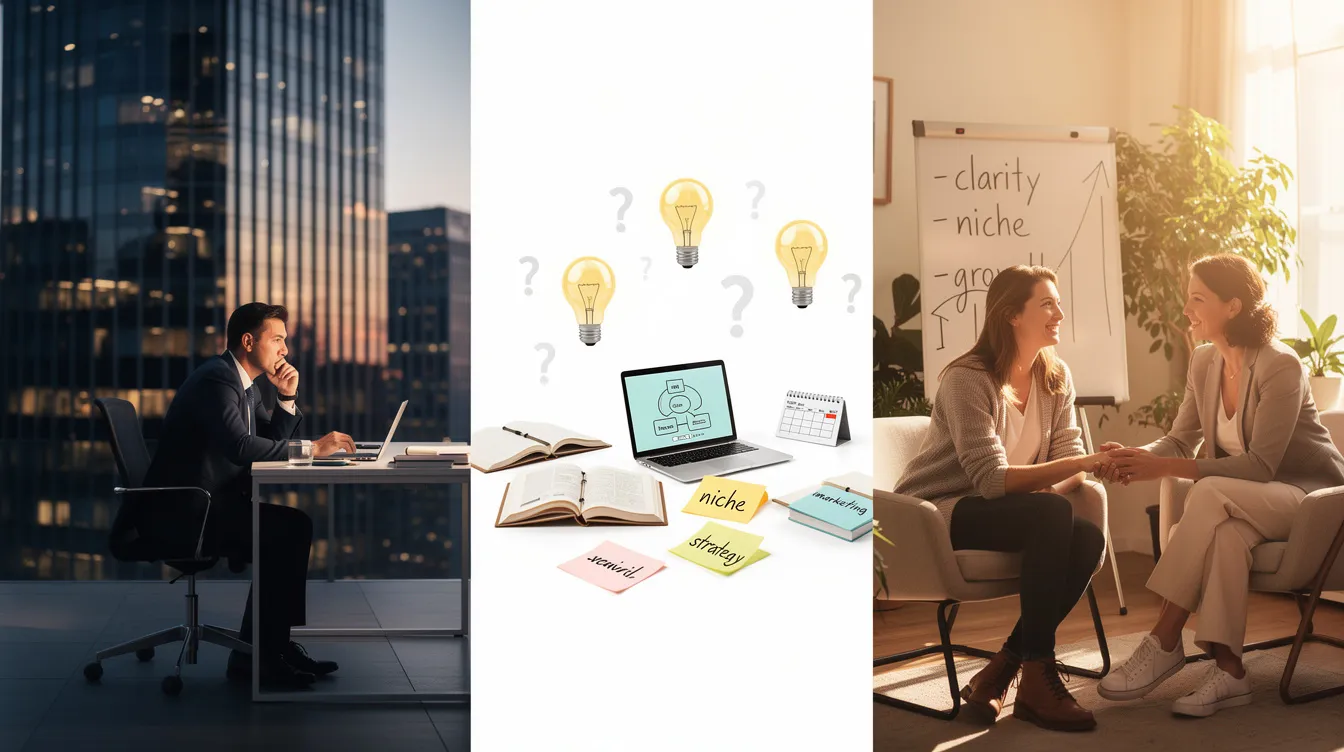 The image depicts a determined individual reflecting on their journey from a corporate career to establishing their own coaching business. They are surrounded by notes and a laptop, symbolizing their commitment to developing coaching skills and creating a successful coaching practice while navigating challenges like acquiring clients and building a business plan.