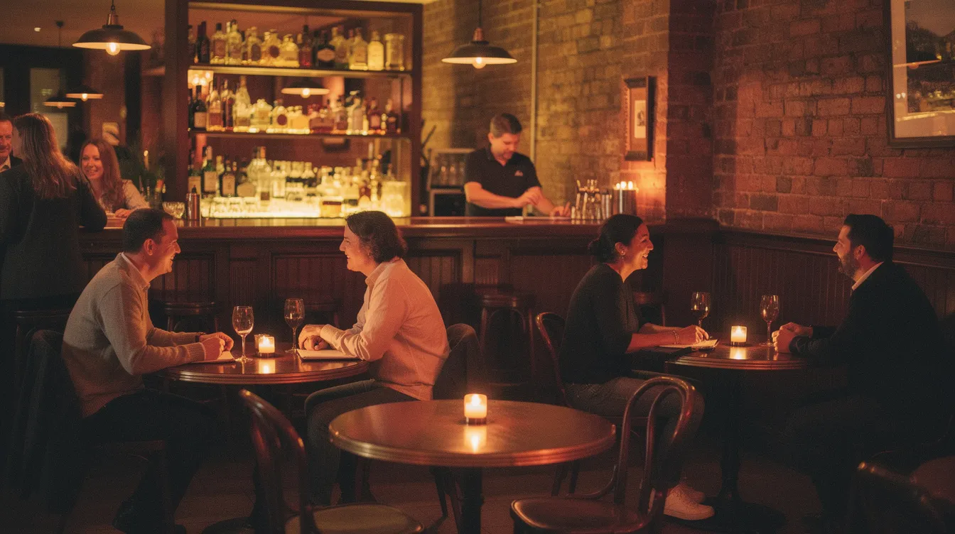 The image depicts a cozy bar interior filled with people engaged in lively conversations at small tables, creating a warm and inviting atmosphere typical of Williamsburg bars. The space features dim lighting and comfortable seating, perfect for a date night or meeting new friends over signature cocktails and good food.