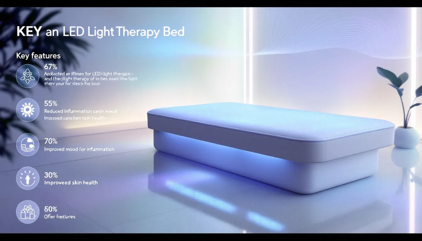 An infographic displaying key features of effective LED light therapy beds.