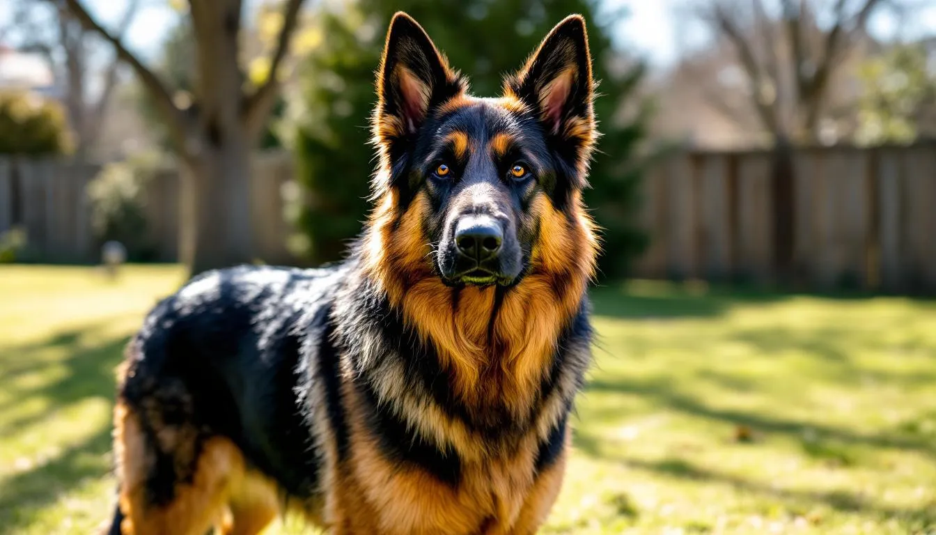 A German Shepherd dog stands outdoors in bright sunlight, showcasing its sleek coat and alert demeanor. This breed can be affected by various health issues, including systemic lupus erythematosus, an autoimmune disease that may lead to skin lesions and other symptoms in dogs.