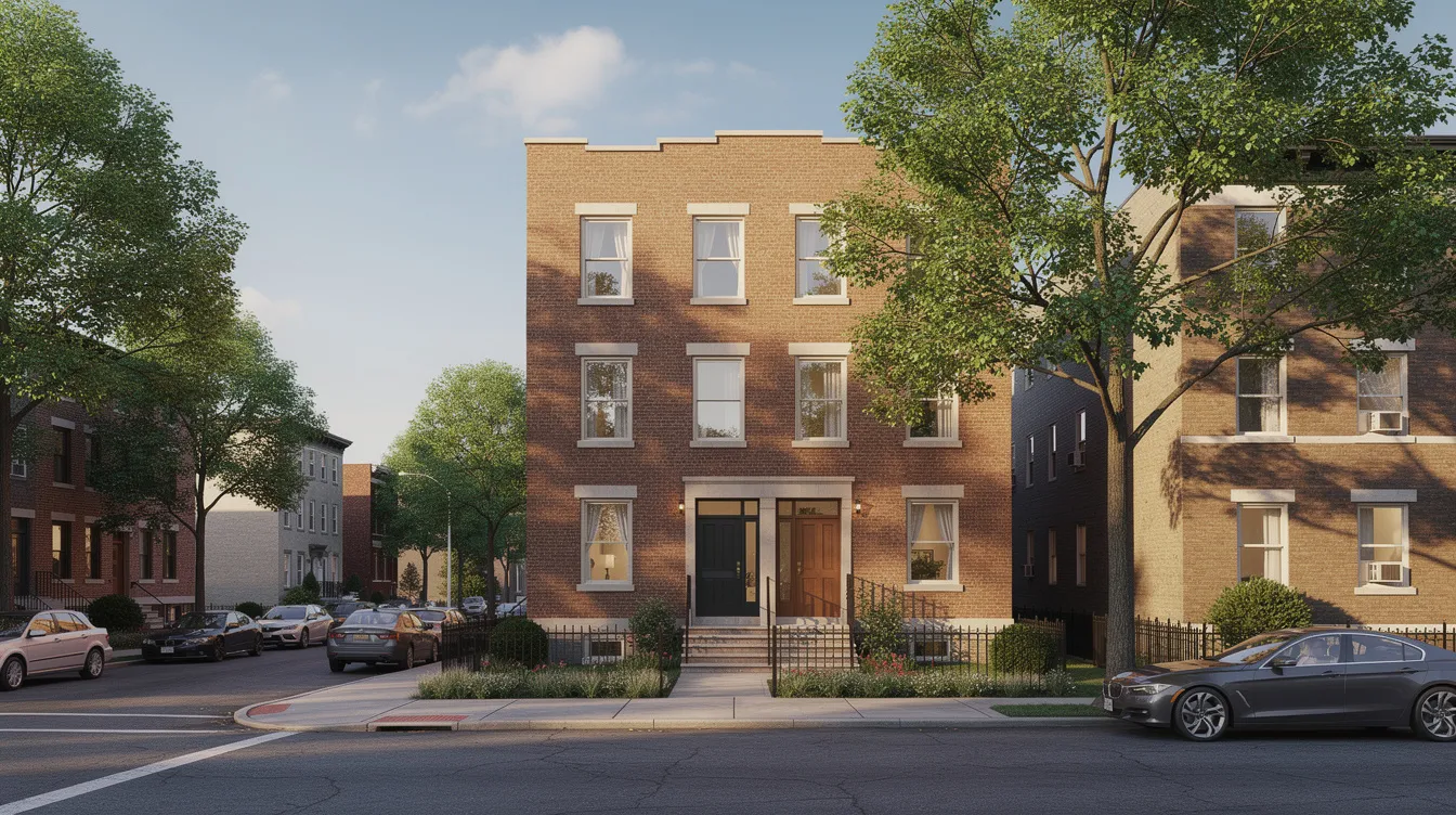 The image depicts a small multifamily brick apartment building situated on a tree-lined street, highlighting a cozy residential area ideal for real estate investing. This property could be an attractive option for investors seeking to utilize hard money loans or bridge loans for financing.