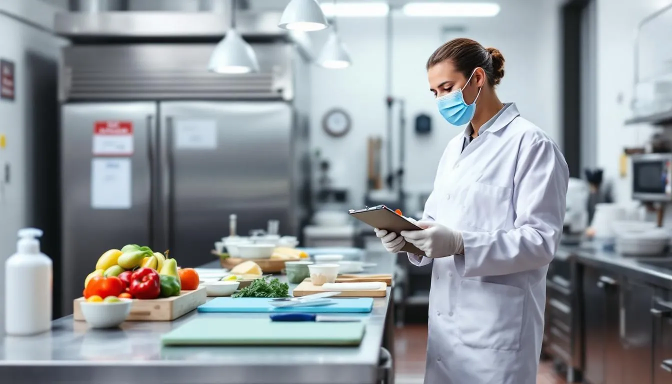 A food safety inspector, also known as an environmental health officer, is conducting an inspection in a restaurant kitchen, assessing food hygiene practices and compliance with health and safety laws. The inspector is checking storage areas and food safety management systems to ensure that the establishment protects public health and adheres to food safety procedures.