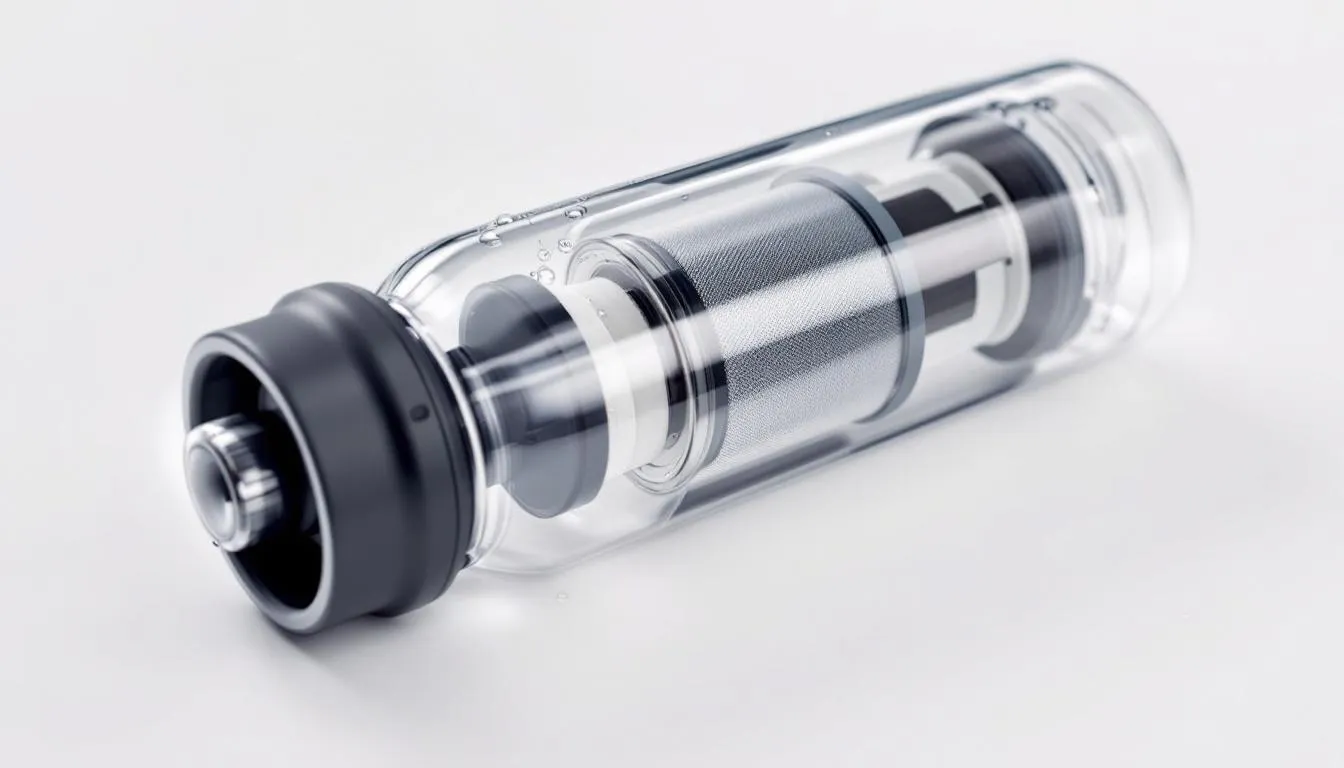 A sleek, reusable water bottle equipped with an activated carbon filter sits prominently, designed to provide fresh tasting water by removing chlorine and other impurities from tap water. This best filtered water bottle is perfect for staying hydrated while enjoying clean drinking water on the go.