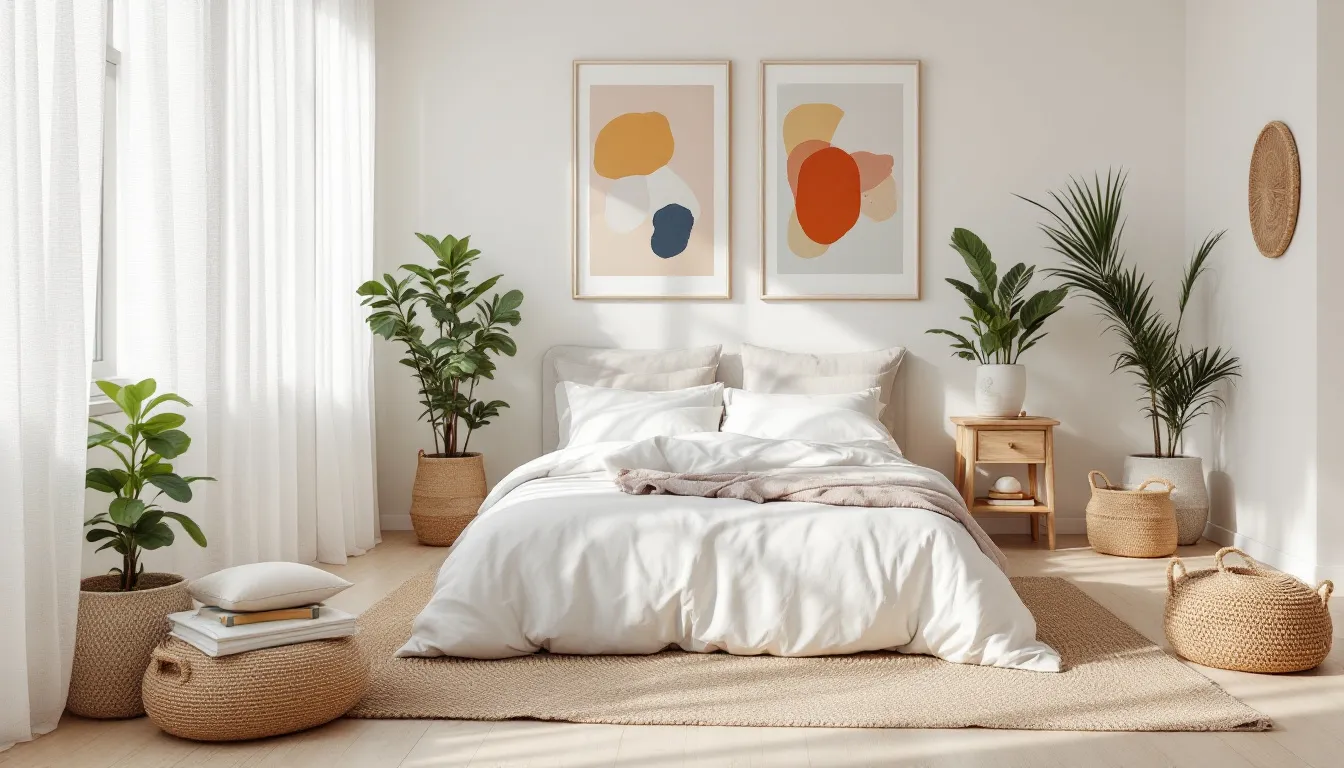 The image showcases a beautifully styled white bedroom featuring a queen bed with a modern bed frame, complemented by layered textures and colorful artwork on the walls. Natural elements, such as plants and woven accessories, add warmth to the space, creating a cozy and inviting atmosphere.
