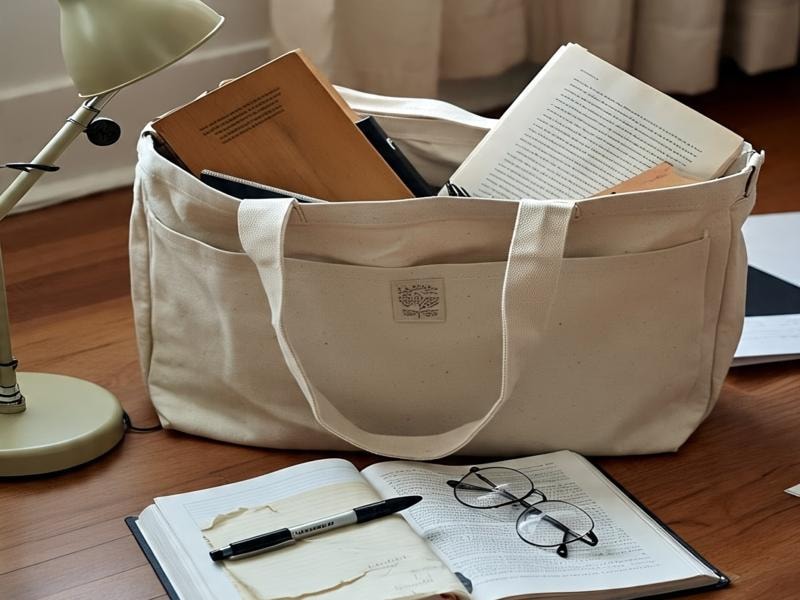 A large canvas tote bag on a table next to a reading lamp, with an open book, a reading glass, and a pen resting on the book. The tote bag holds items including books and a pen.