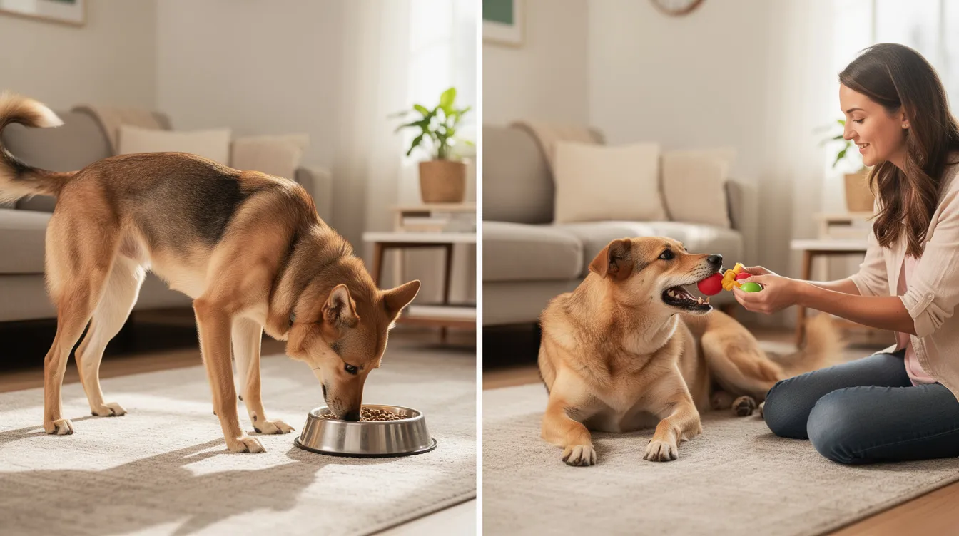 The image depicts a dog exhibiting resource guarding behavior, standing protectively over a high-value chew toy while displaying subtle signs of tension in its body language. In the background, a concerned owner observes from a safe distance, highlighting the importance of understanding and managing guarding behaviors in dogs.