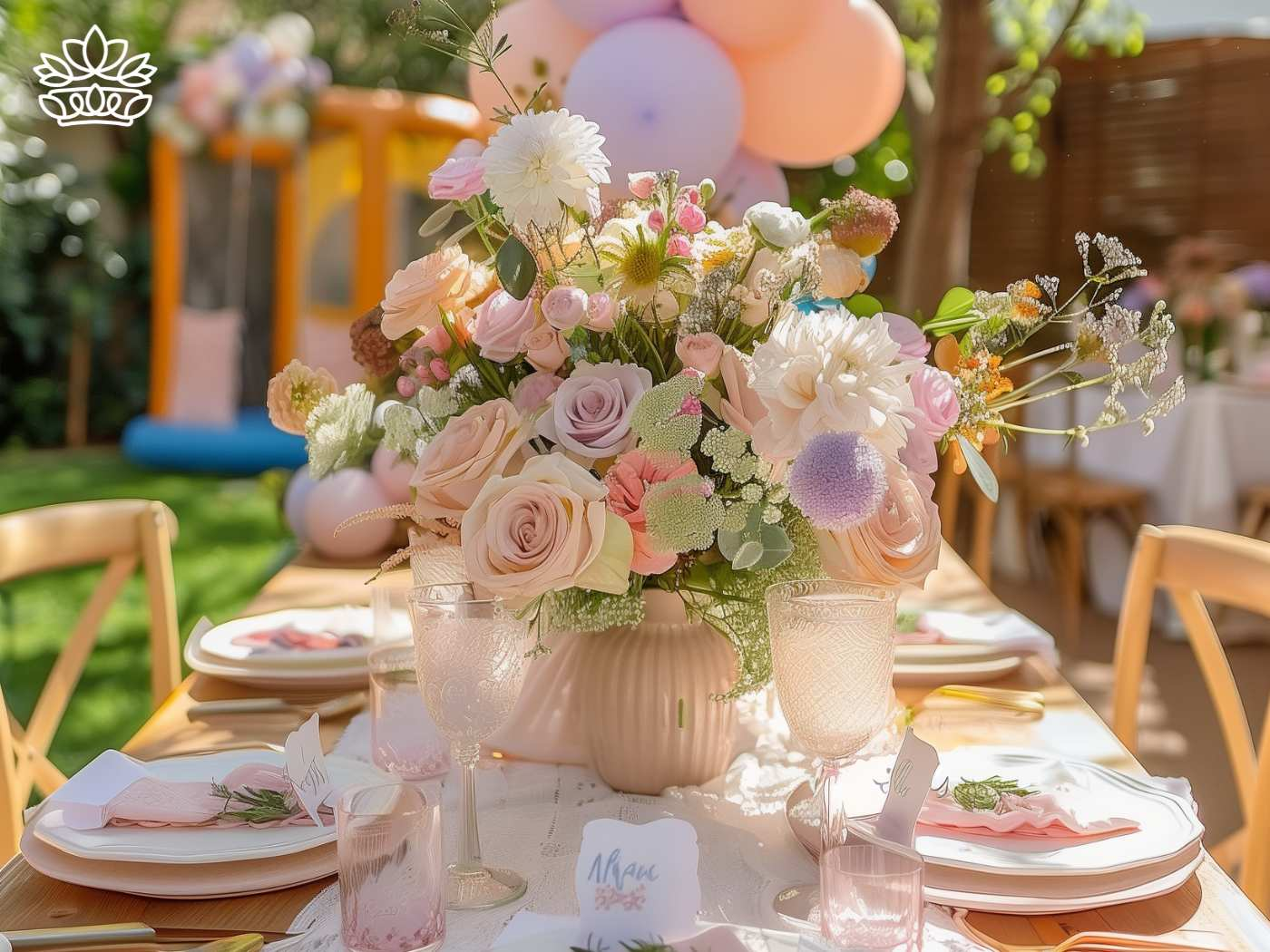 A sumptuous garden party setting with a floral centrepiece in pastel tones, elegant tableware, and soft pink balloons, all contributing to the Fabulous Flowers and Gifts ambiance.