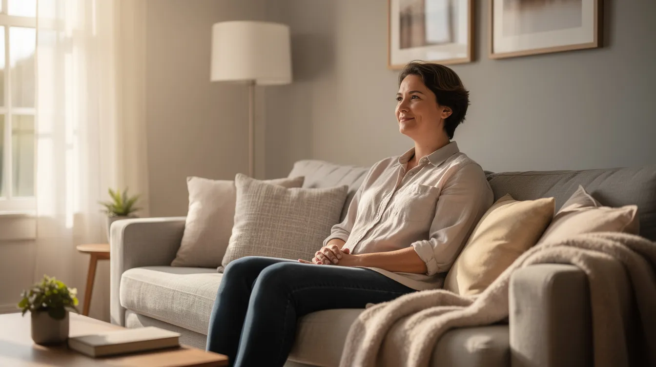 A calm individual sits upright on a couch in a well-lit living room, embodying comfort and tranquility after receiving botox injections. This scene reflects the importance of following proper botox aftercare instructions, such as avoiding excessive heat exposure and staying upright for optimal results.